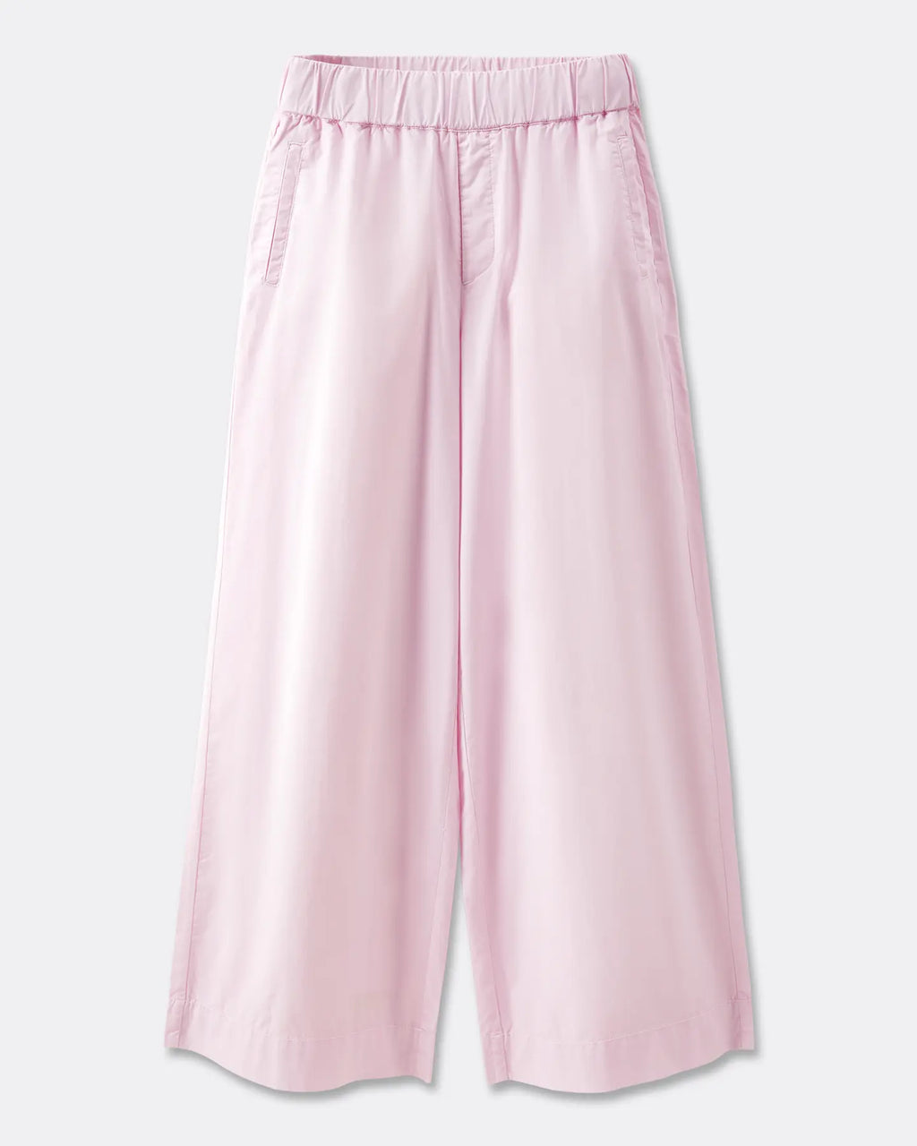 Women's pants in light pink poplin, wide and fluid cut with elastic waist for optimal comfort, ideal for summer.