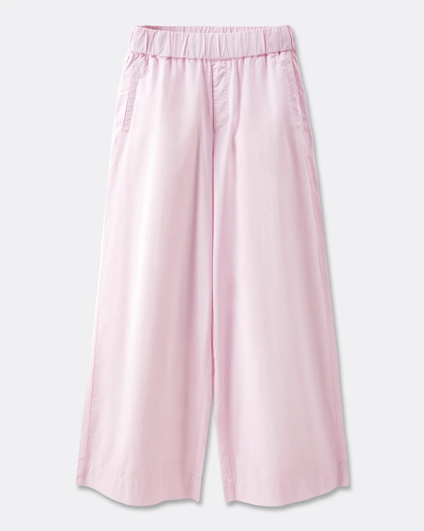Women's pants in light pink poplin, wide and fluid cut with elastic waist for optimal comfort, ideal for summer.