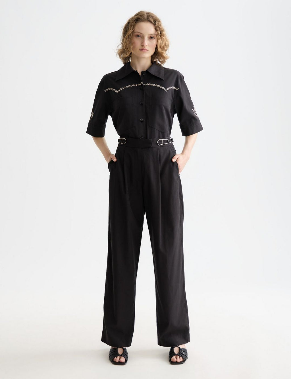 Pantalon Quinn - Mid Rise Wide Leg With Cross-Stitching - Meteorite