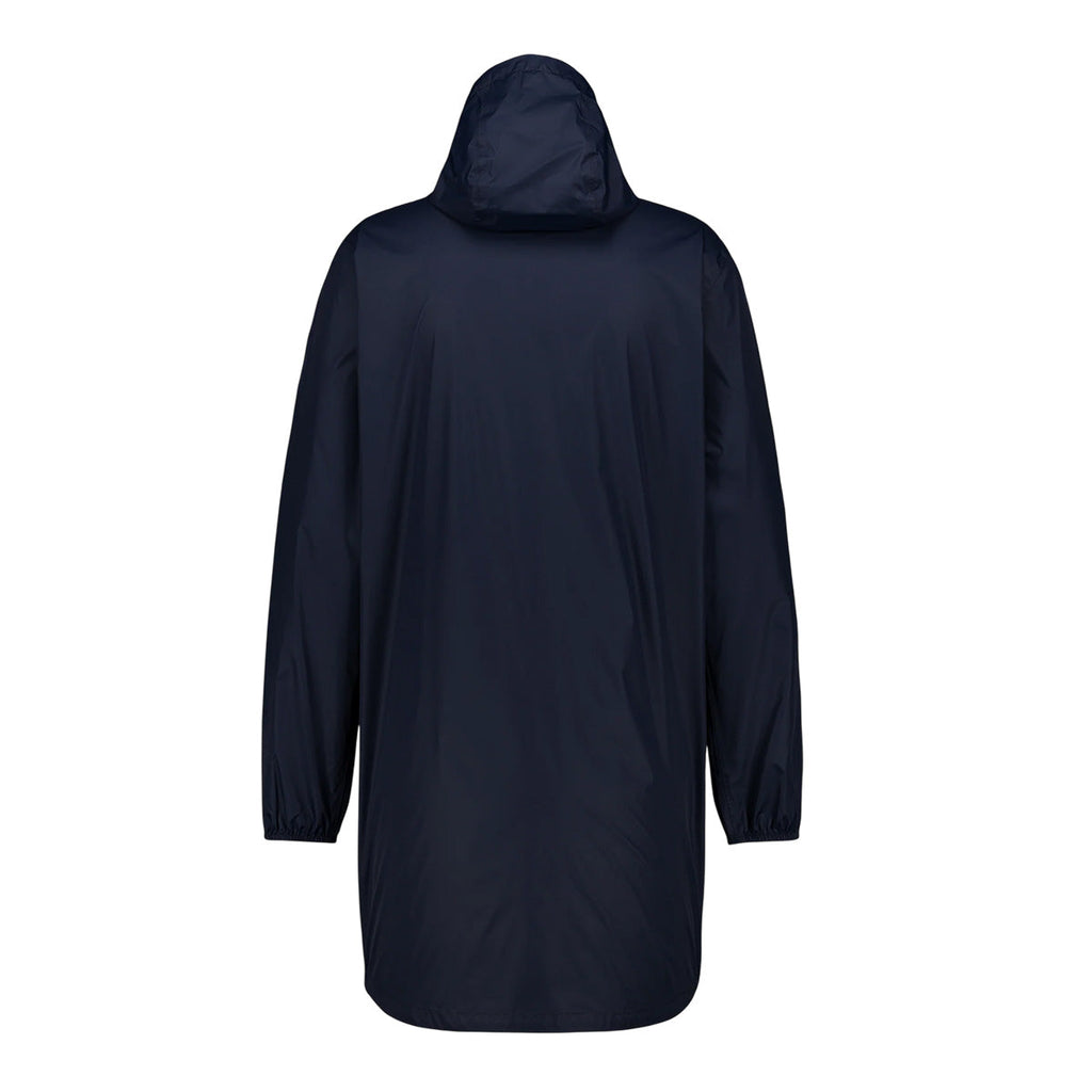 Jott – Giacca impermeabile uomo Jott SKYE, impermeabile lungo blu navy con cappuccio, vista da dietro su sfondo bianco