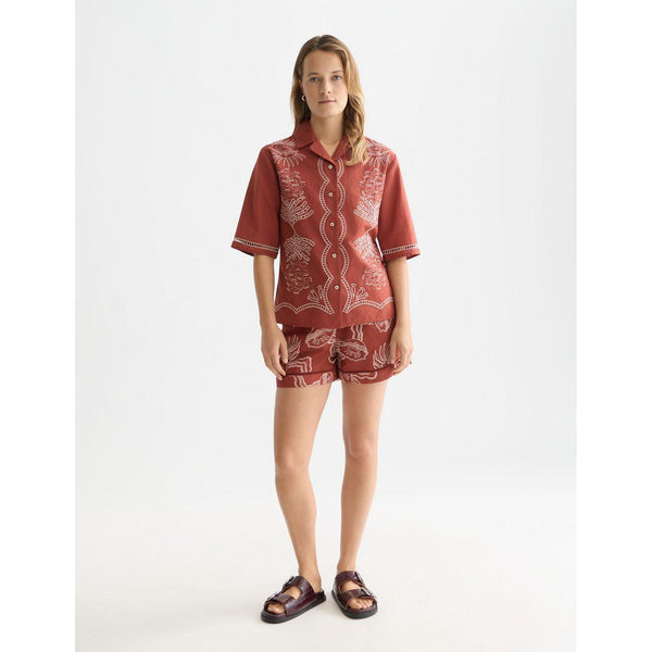 Short Embroidered Linen Blend - Burnt Henna