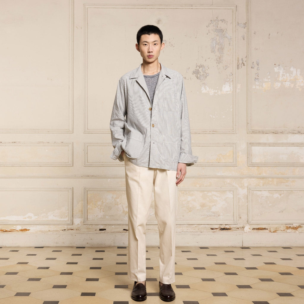 Blue and ecru striped cotton and linen work jacket