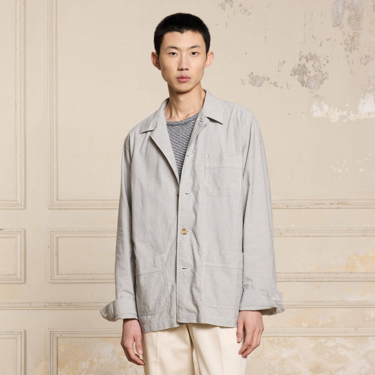 Blue and ecru striped cotton and linen work jacket
