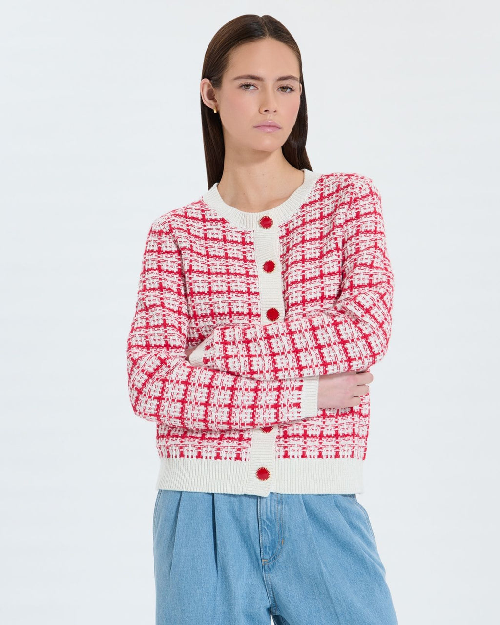 Ecru red two-tone tweed-style vest_1