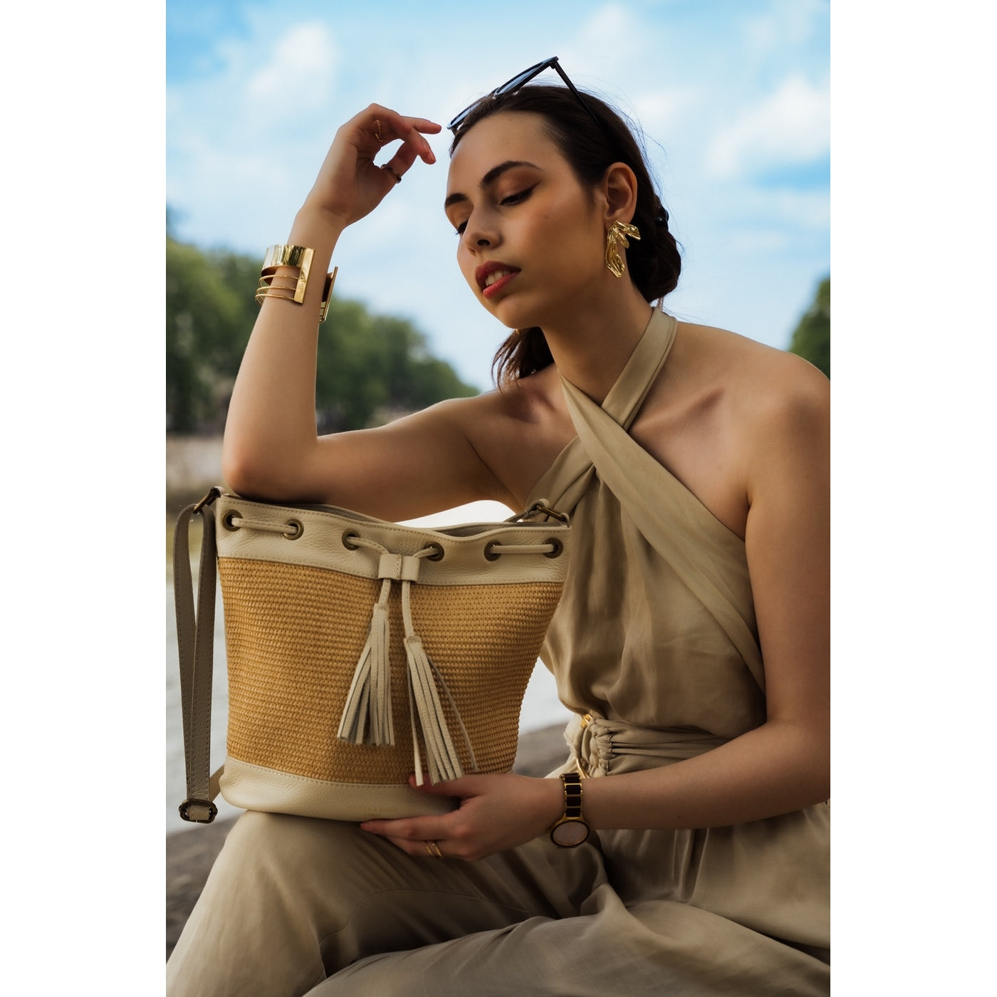 Sac A Bandouliere Cerise Rafia - Blanc Casse