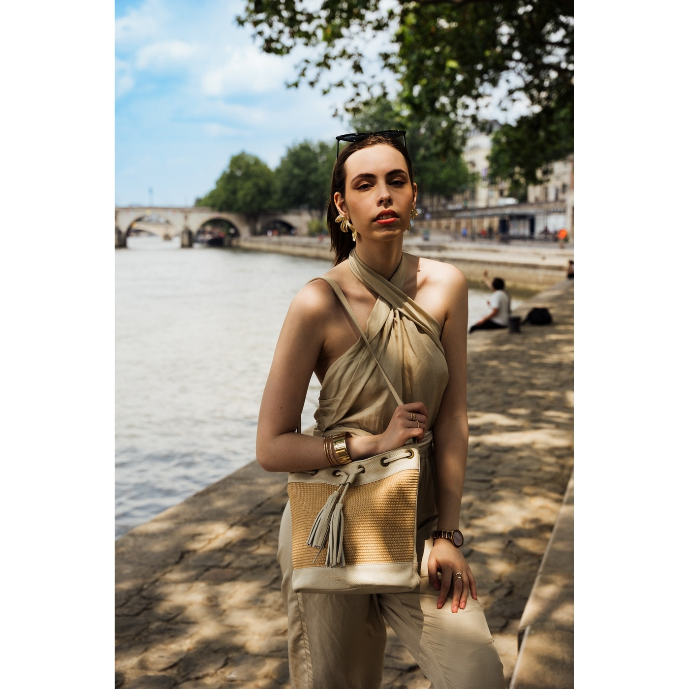 Sac A Bandouliere Cerise Rafia - Blanc Casse