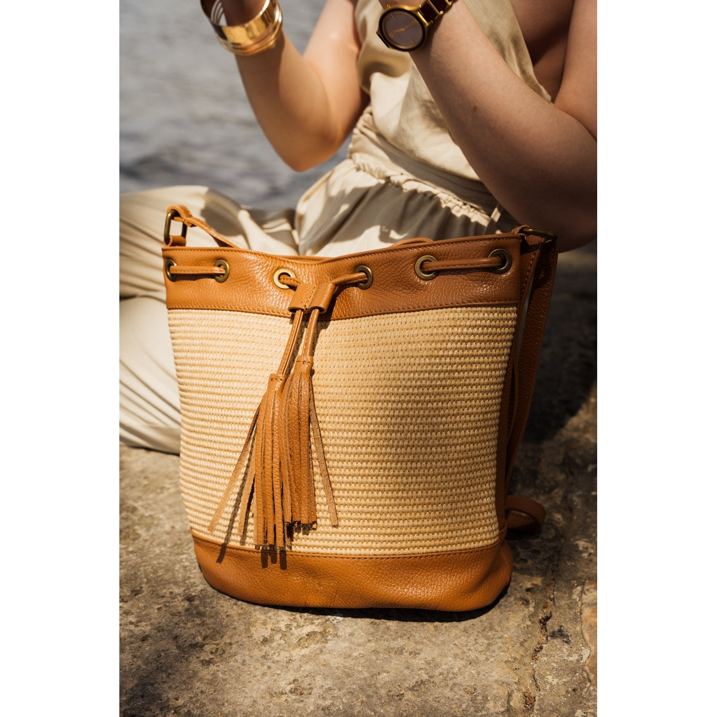 Sac A Bandouliere Cerise Rafia - Camel
