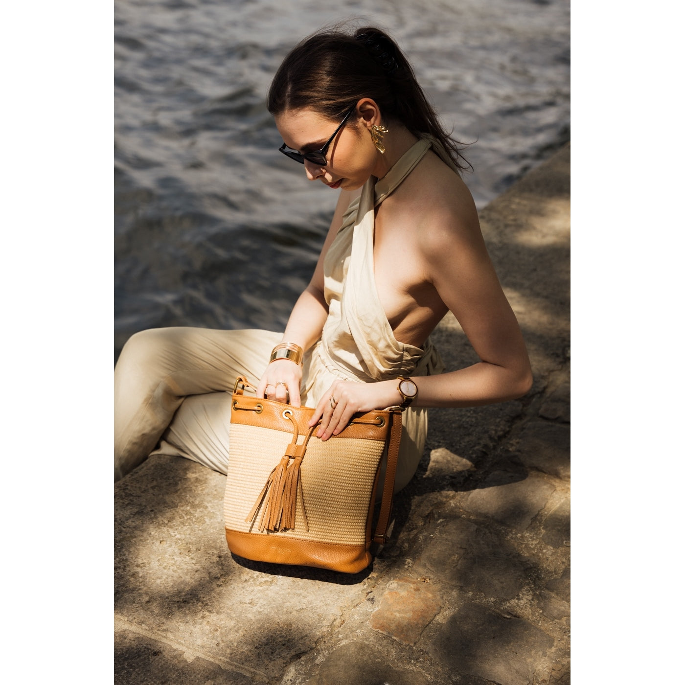 Sac A Bandouliere Cerise Rafia - Camel