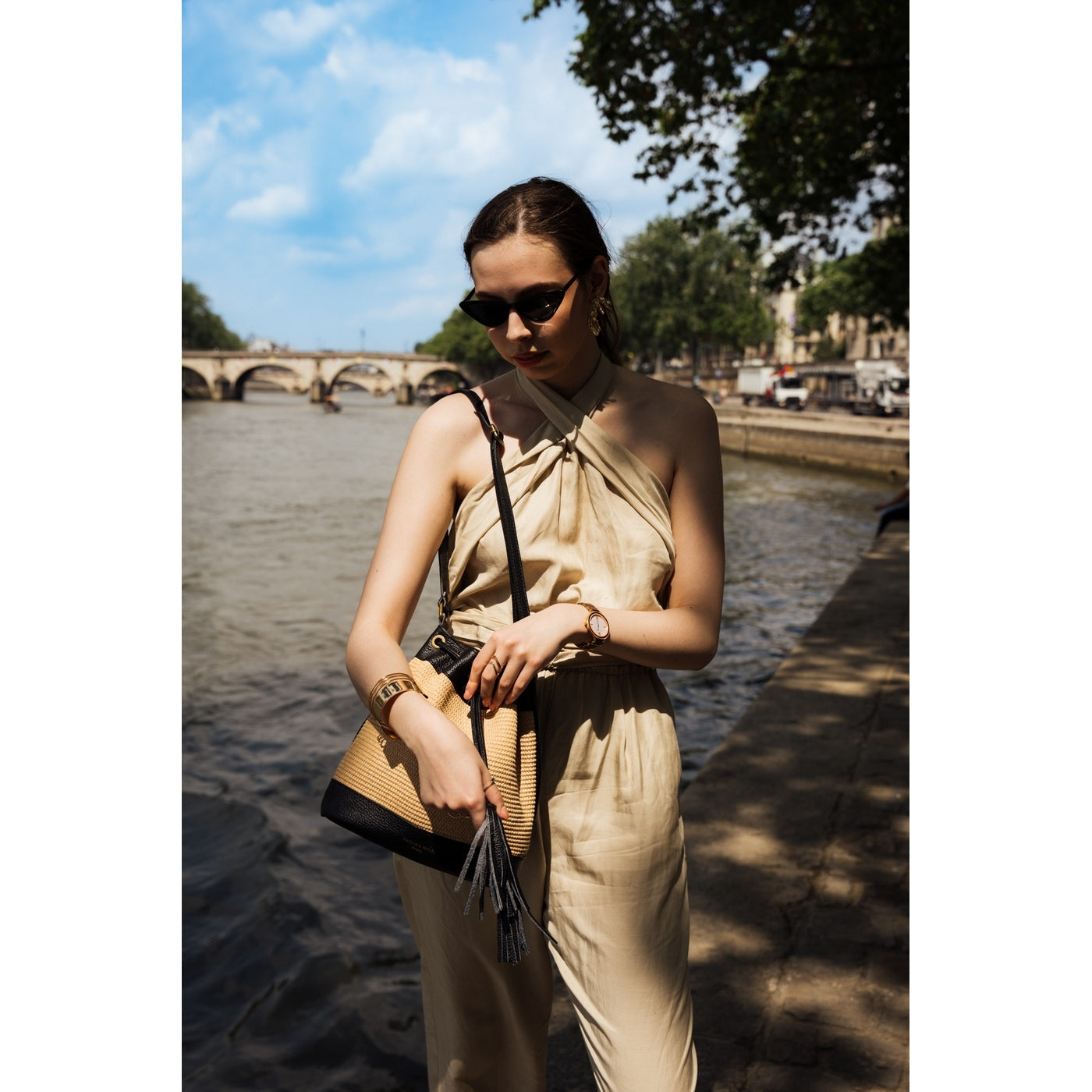 Sac A Bandouliere Cerise Rafia - Noir