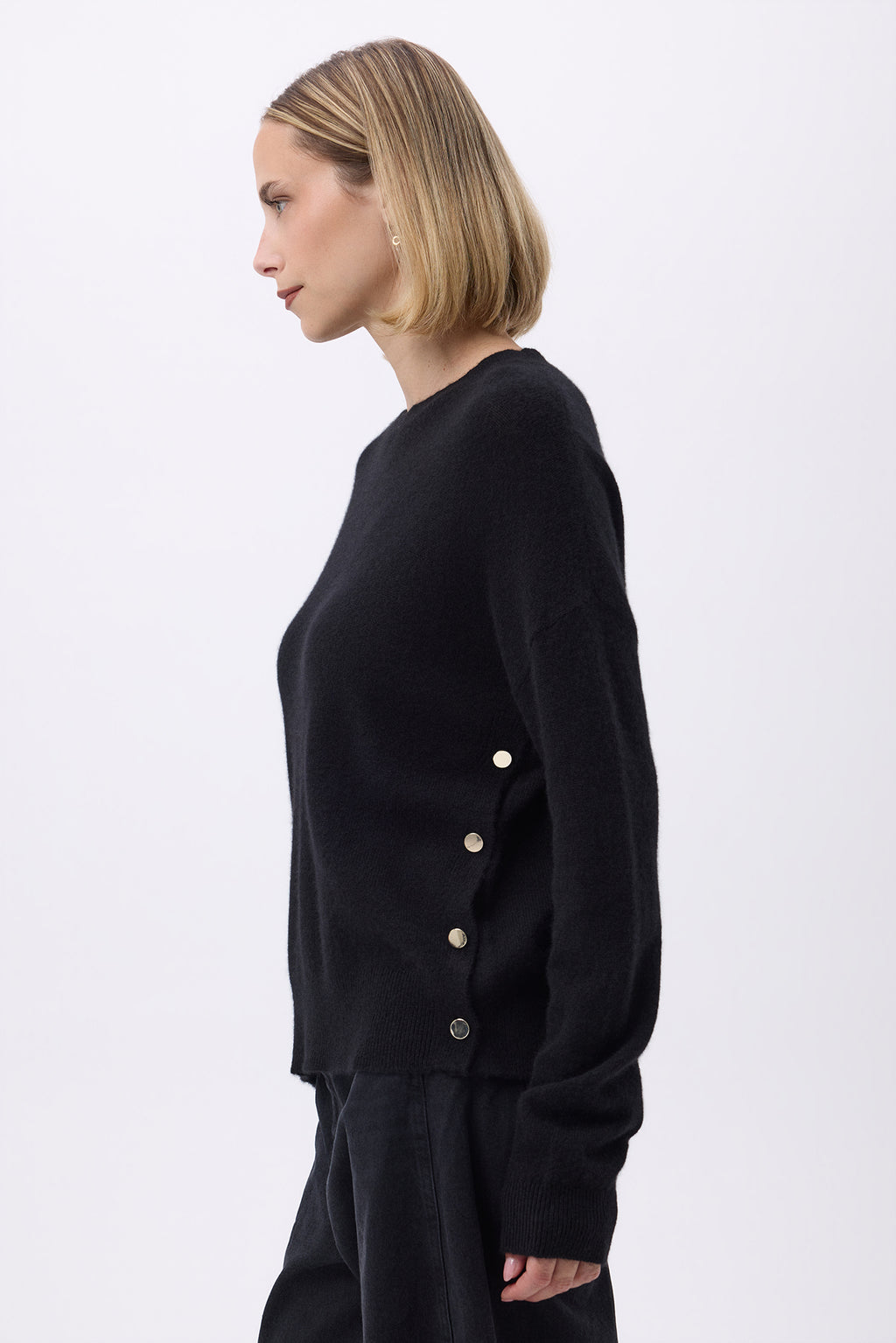 Round-Neck Jumper with Gold Side Buttons Victoire - Black - Women