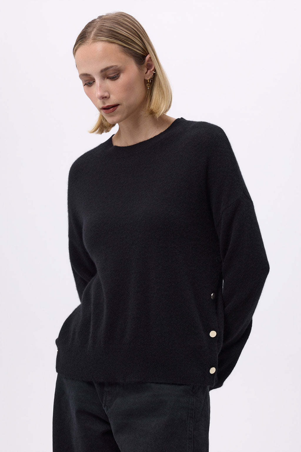 Round-Neck Jumper with Gold Side Buttons Victoire - Black - Women