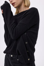 Round-Neck Jumper with Gold Side Buttons Victoire - Black - Women