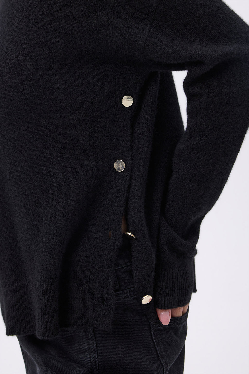 Round-Neck Jumper with Gold Side Buttons Victoire - Black - Women