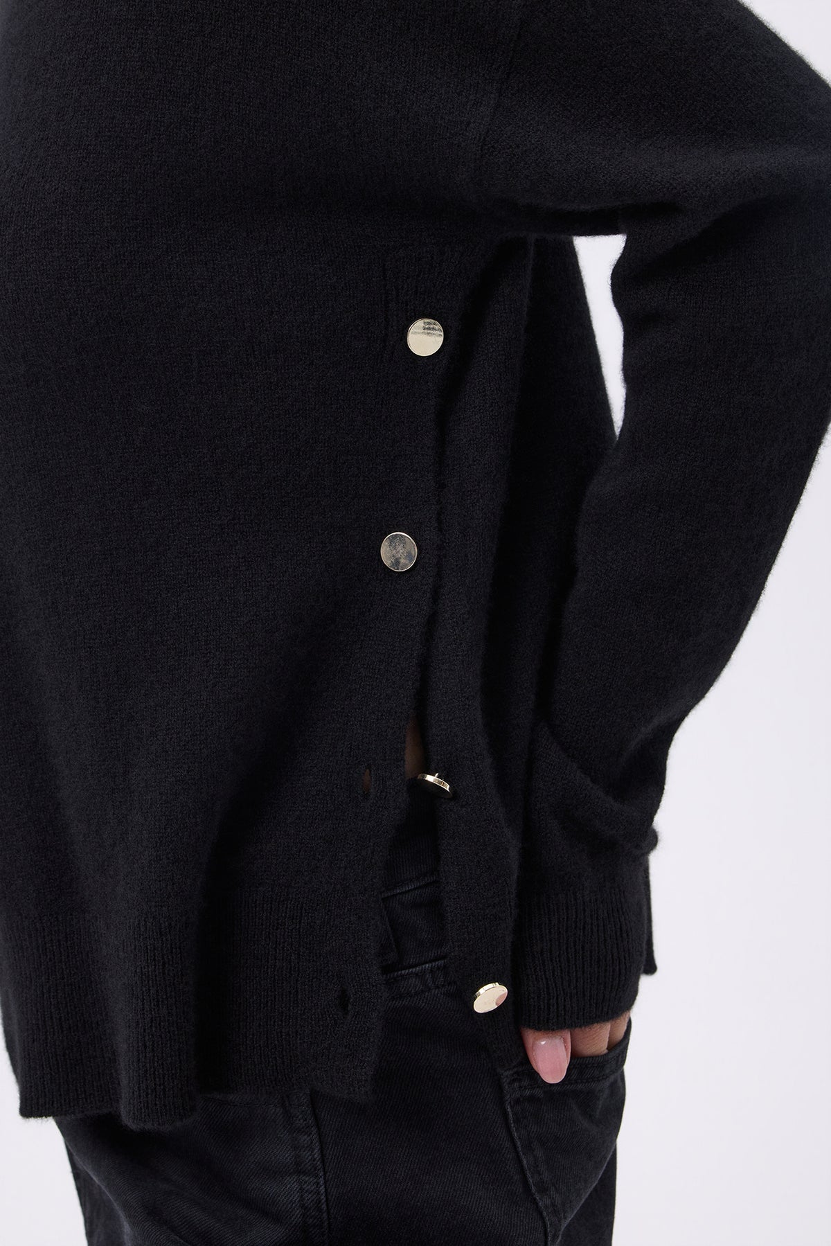 Round-Neck Jumper with Gold Side Buttons Victoire - Black - Women