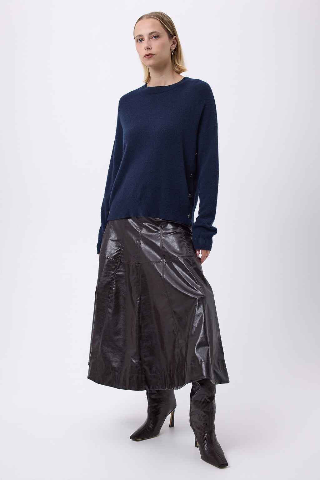 Jersey de cuello redondo con botones laterales dorados para mujer Victoire - Azul marino - Mujer