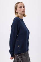 Jersey de cuello redondo con botones laterales dorados para mujer Victoire - Azul marino - Mujer