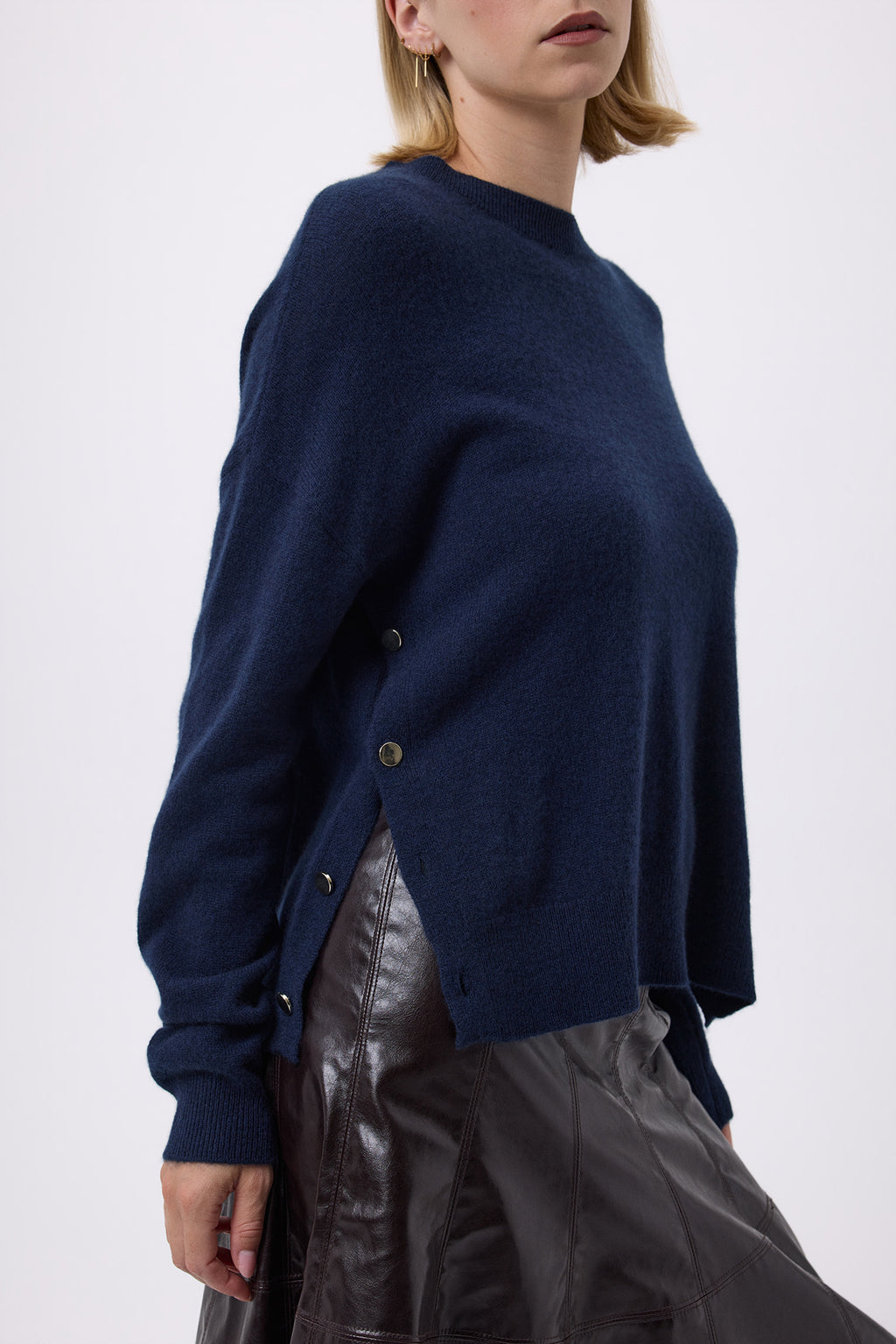 Jersey de cuello redondo con botones laterales dorados para mujer Victoire - Azul marino - Mujer