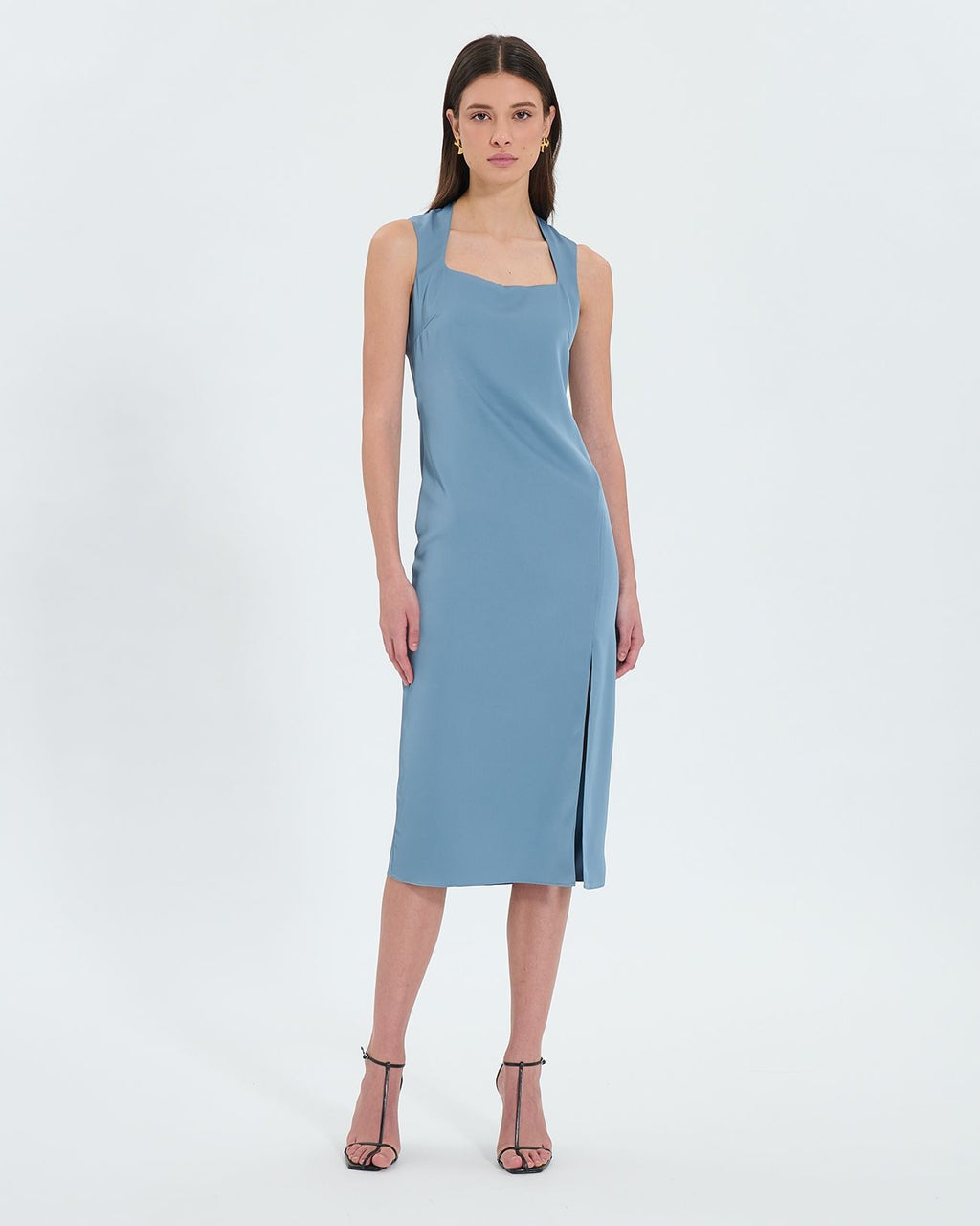 Robe midi satinée bleue hortensia_1