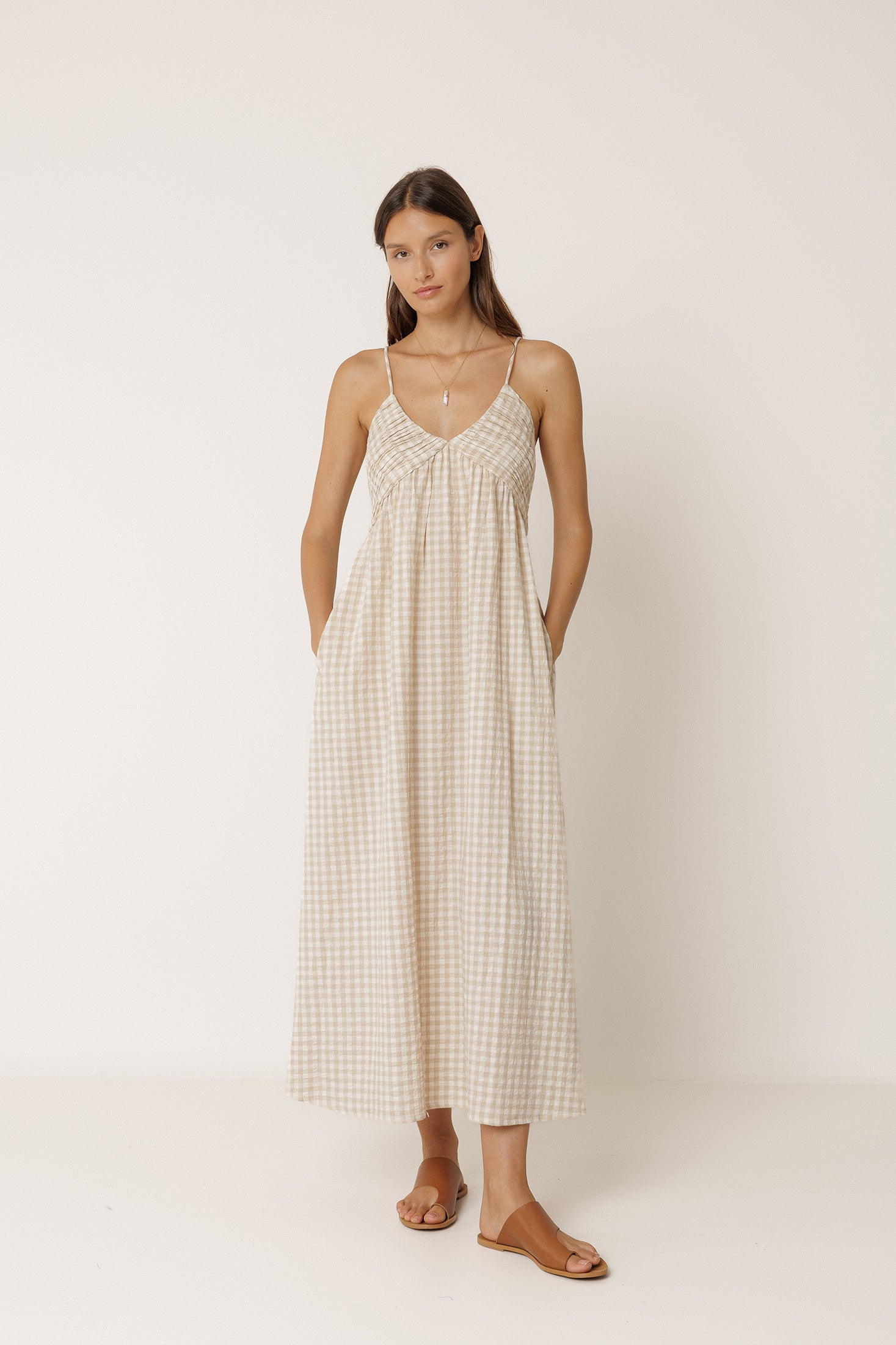 Gingham Strappy Dress - Beige