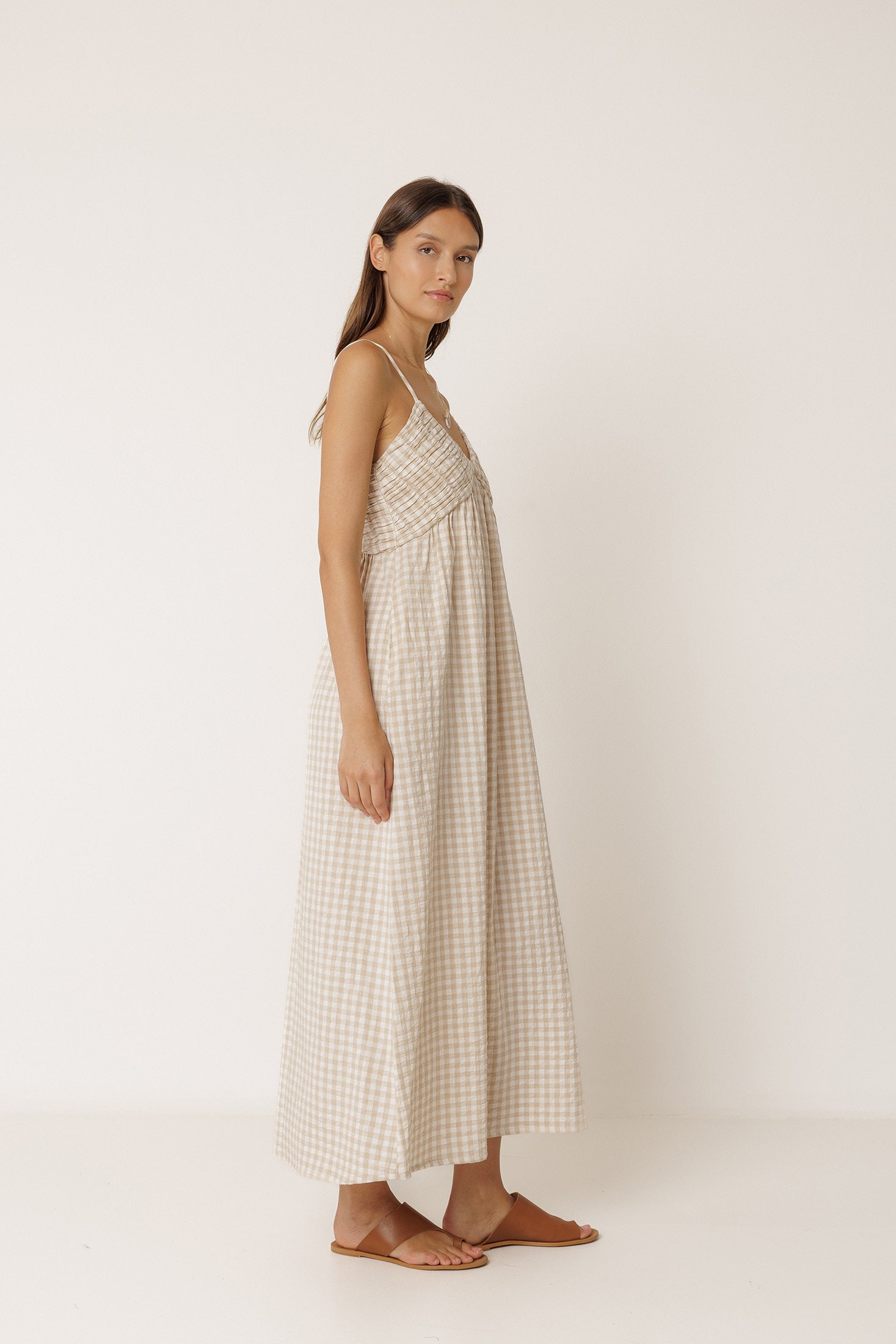 Gingham Strappy Dress - Beige