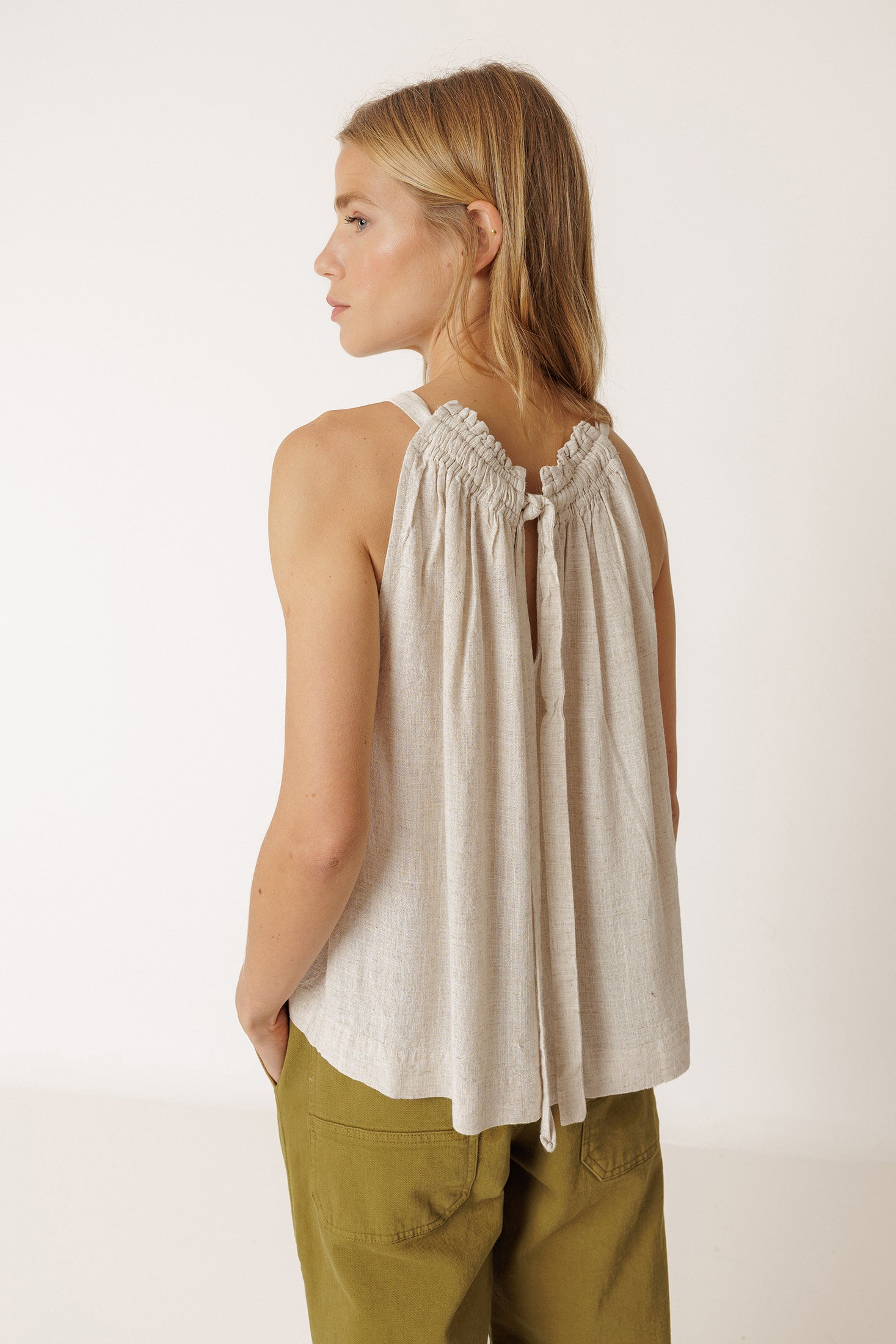 Embroidered Halterneck Top - Flax