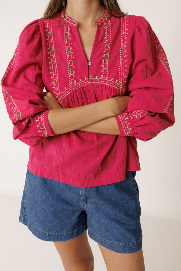 Blusa Con Bordado Étnico - Fresa