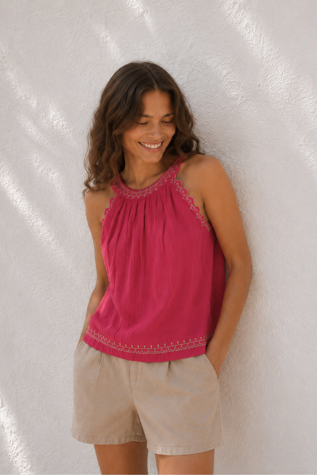 Contrasting Embroidery Top - Strawberry