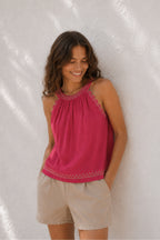 Contrasting Embroidery Top - Strawberry