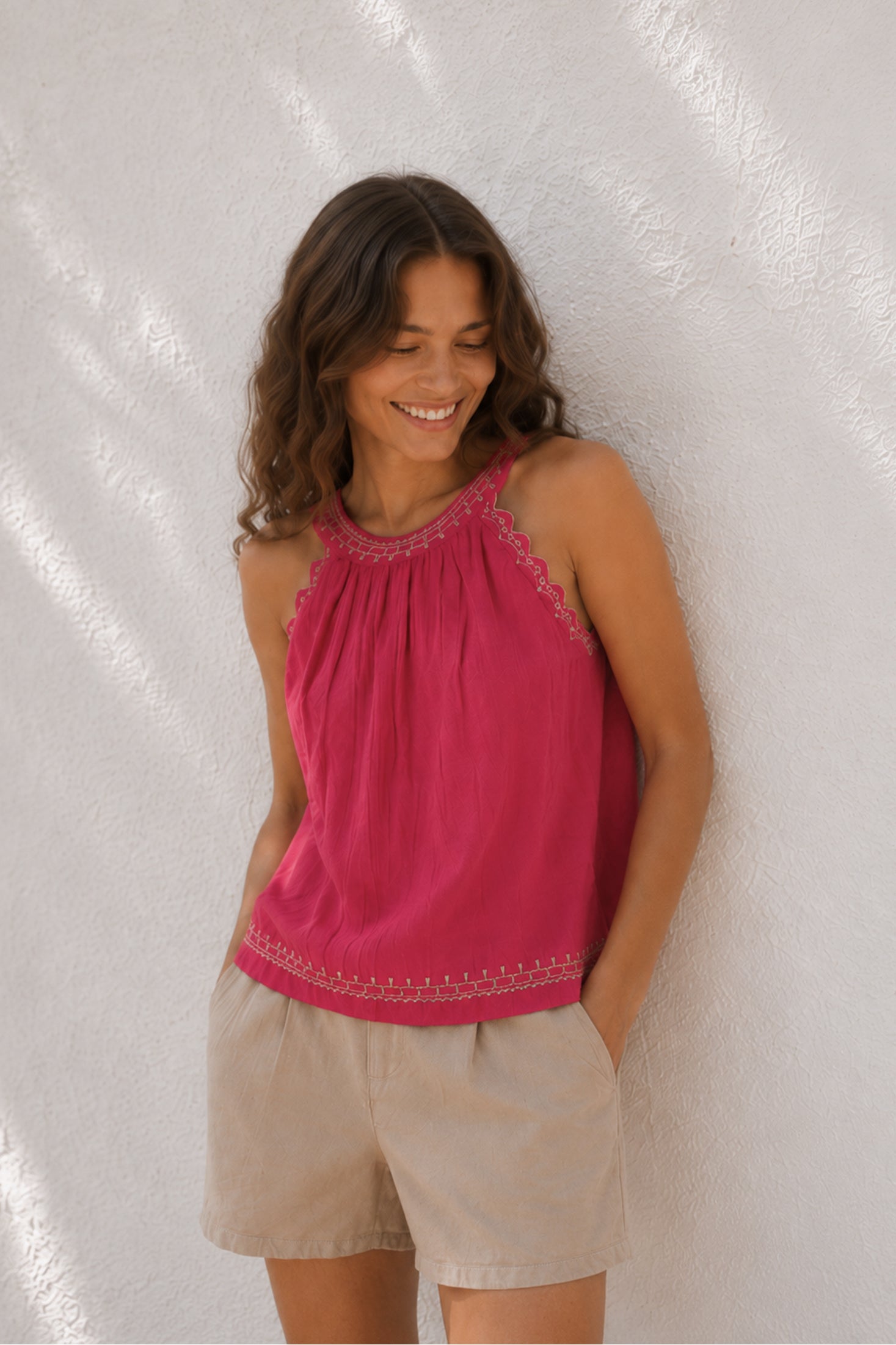 Contrasting Embroidery Top - Strawberry