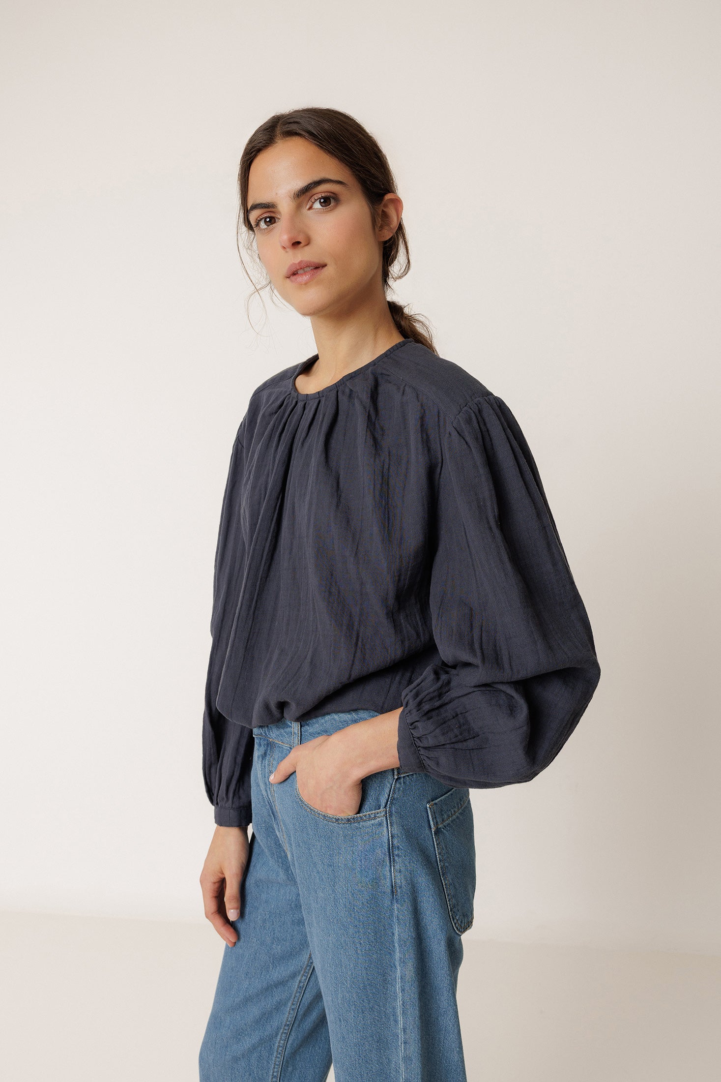 Double Gauze Blouse - Navy Blue