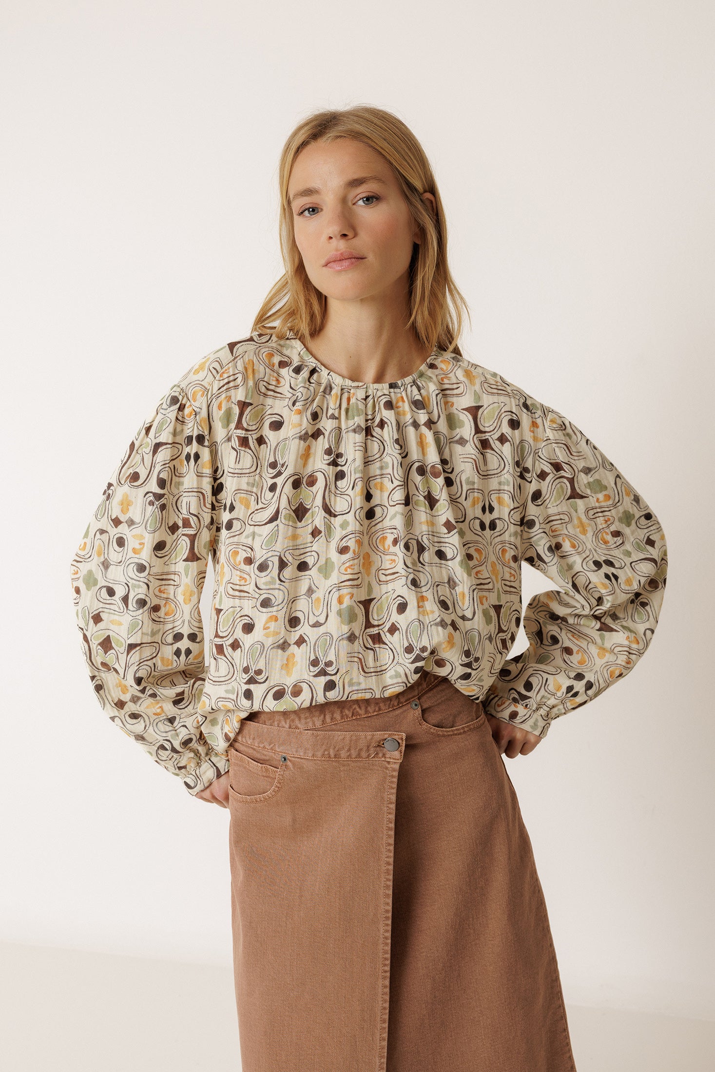 Printed Double Gauze Blouse - Chocolate