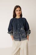 Floral Hem Blouse - Navy Blue