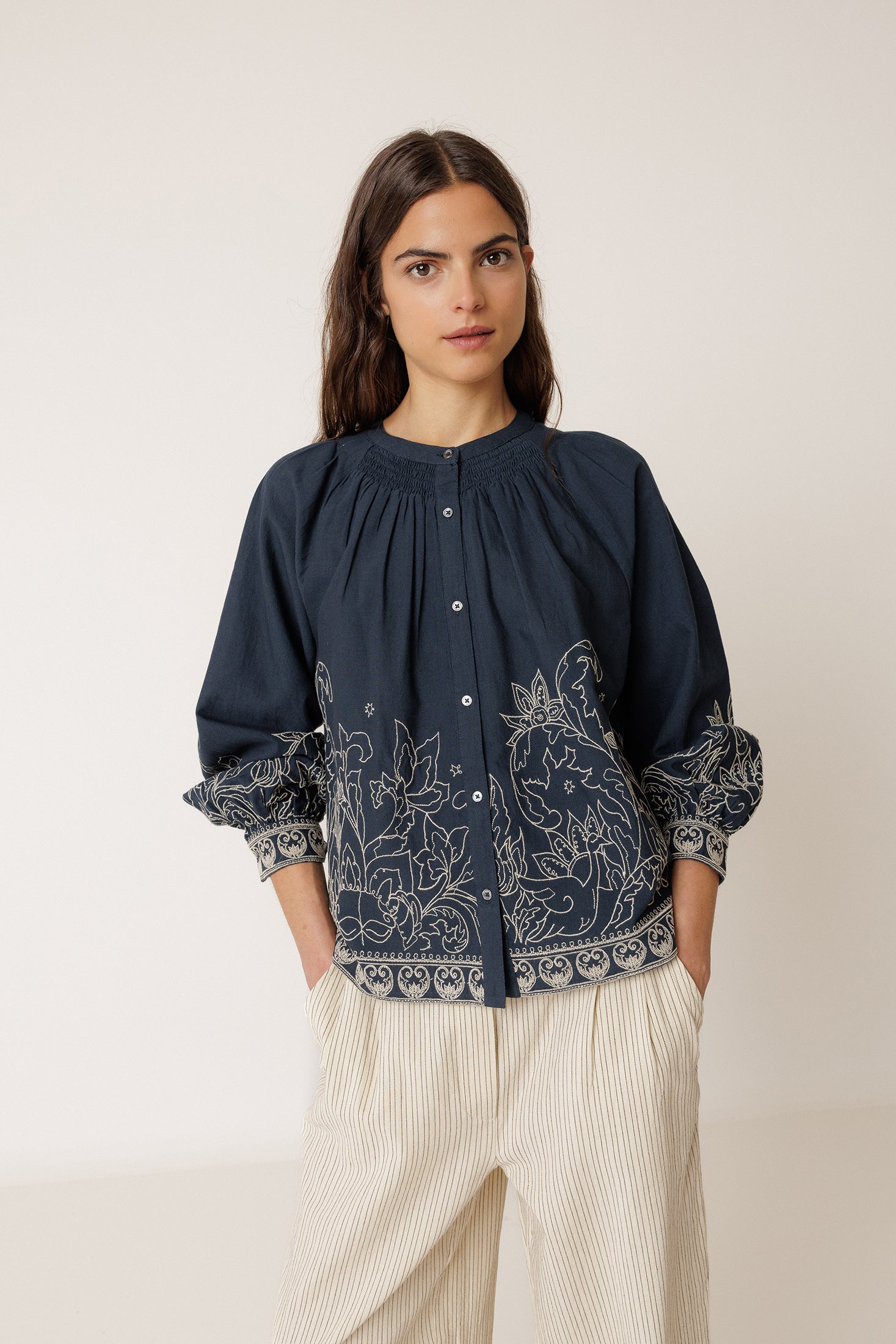 Floral Hem Blouse - Navy Blue