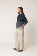 Floral Hem Blouse - Navy Blue