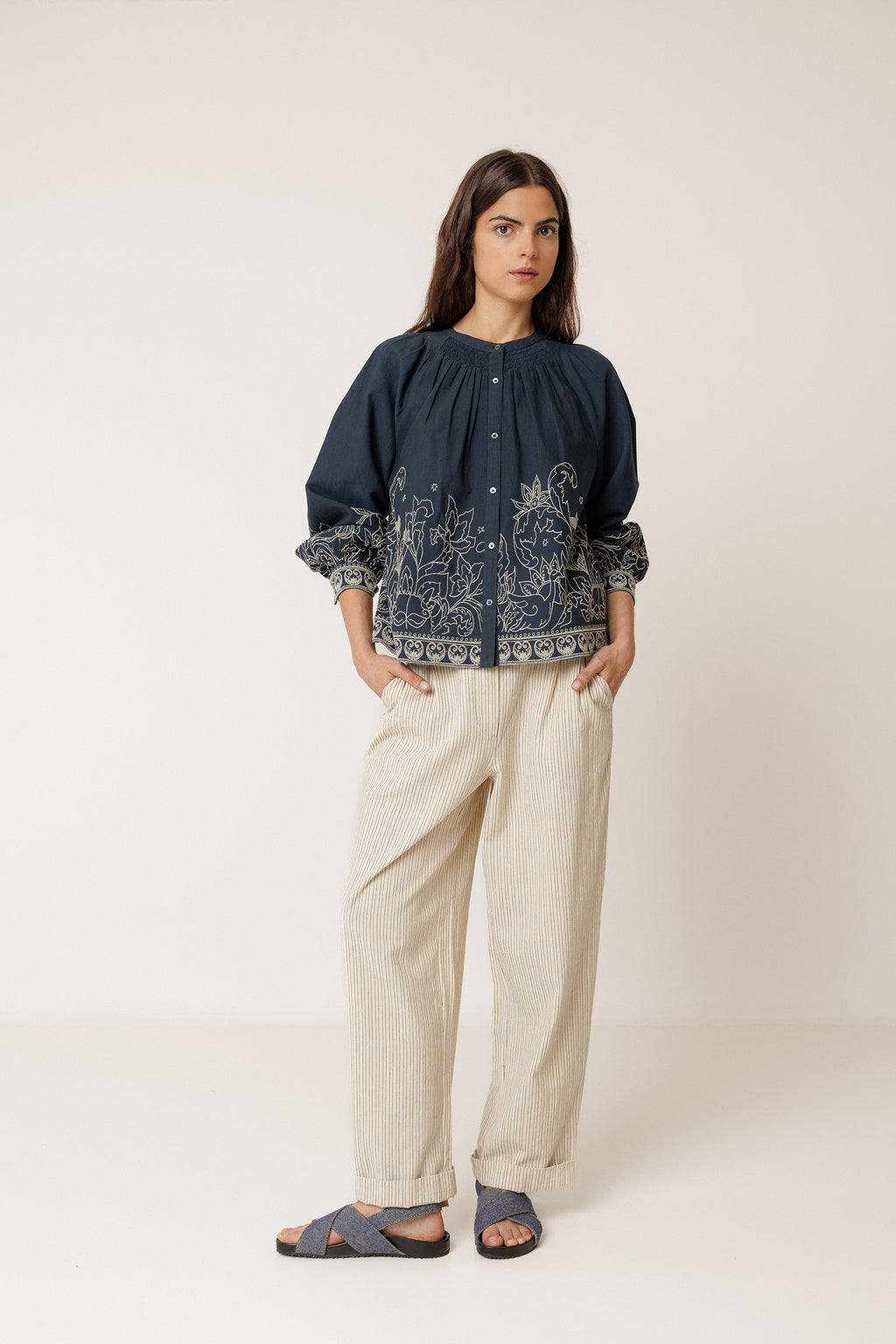 Floral Hem Blouse - Navy Blue