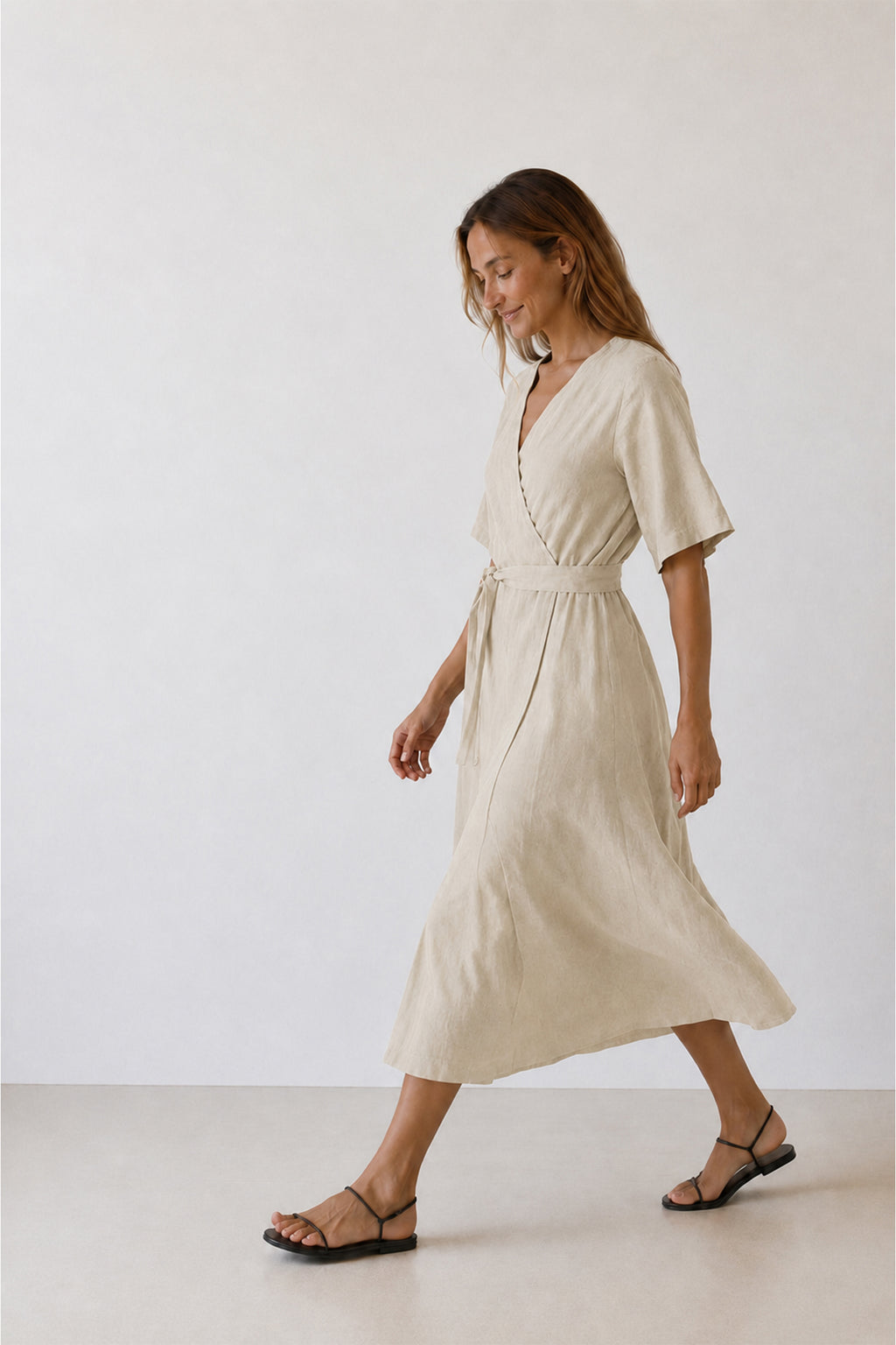 Vestido Cruzado de Lino - Piedra