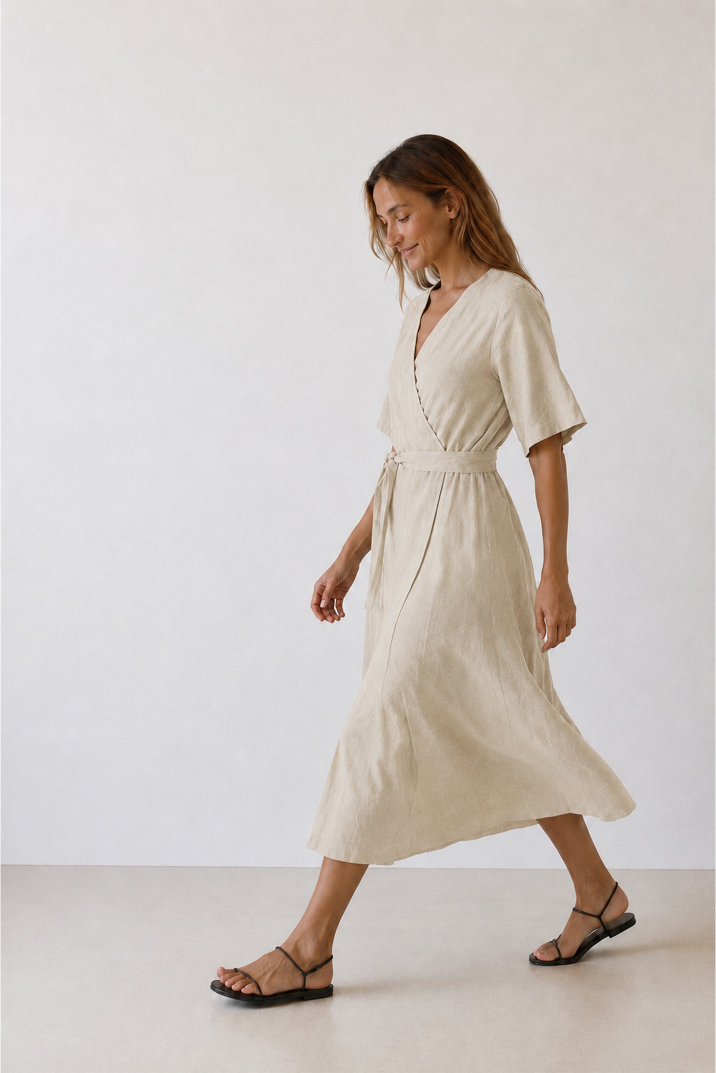Vestido Cruzado de Lino - Piedra