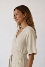 Vestido Cruzado de Lino - Piedra