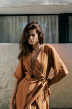 Linen Wrap Dress - Rust