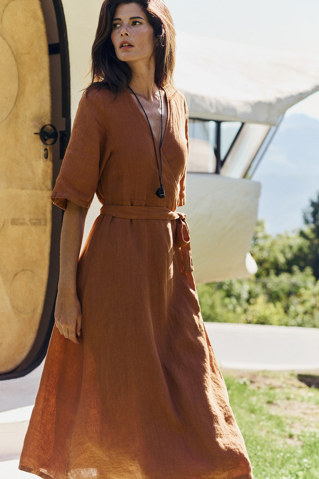 Linen Wrap Dress - Rust