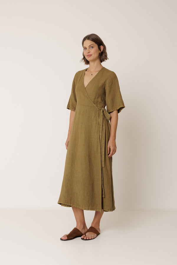 Linen Wrap Dress - Khaki