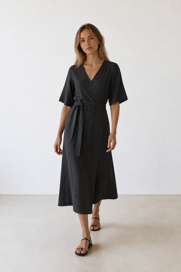 Vestido Cruzado De Lino - Carbón