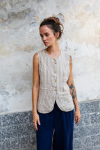 Striped Linen Waistcoat - Stone