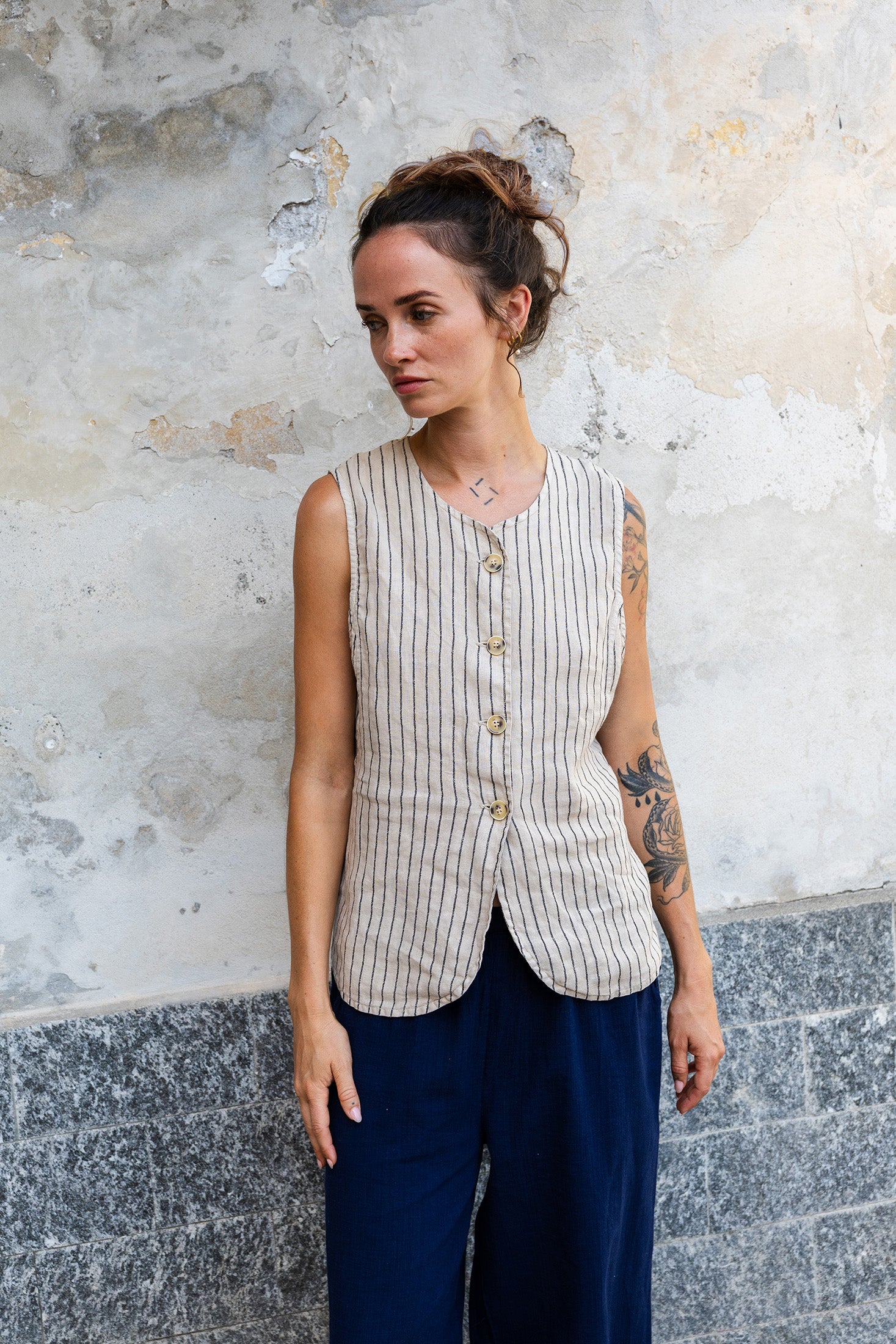 Striped Linen Waistcoat - Stone
