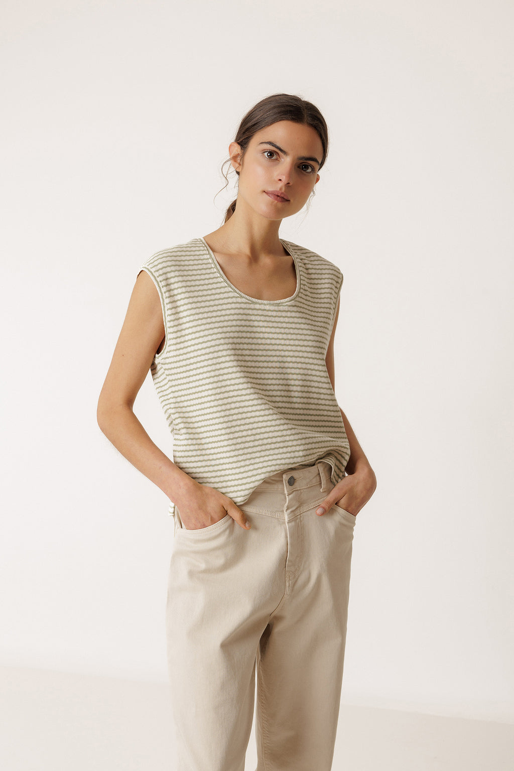 Boxy Striped T-Shirt - Khaki