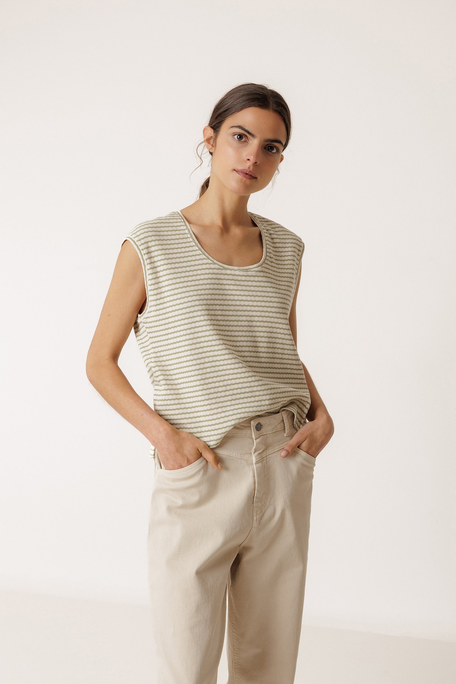 Boxy Striped T-Shirt - Khaki