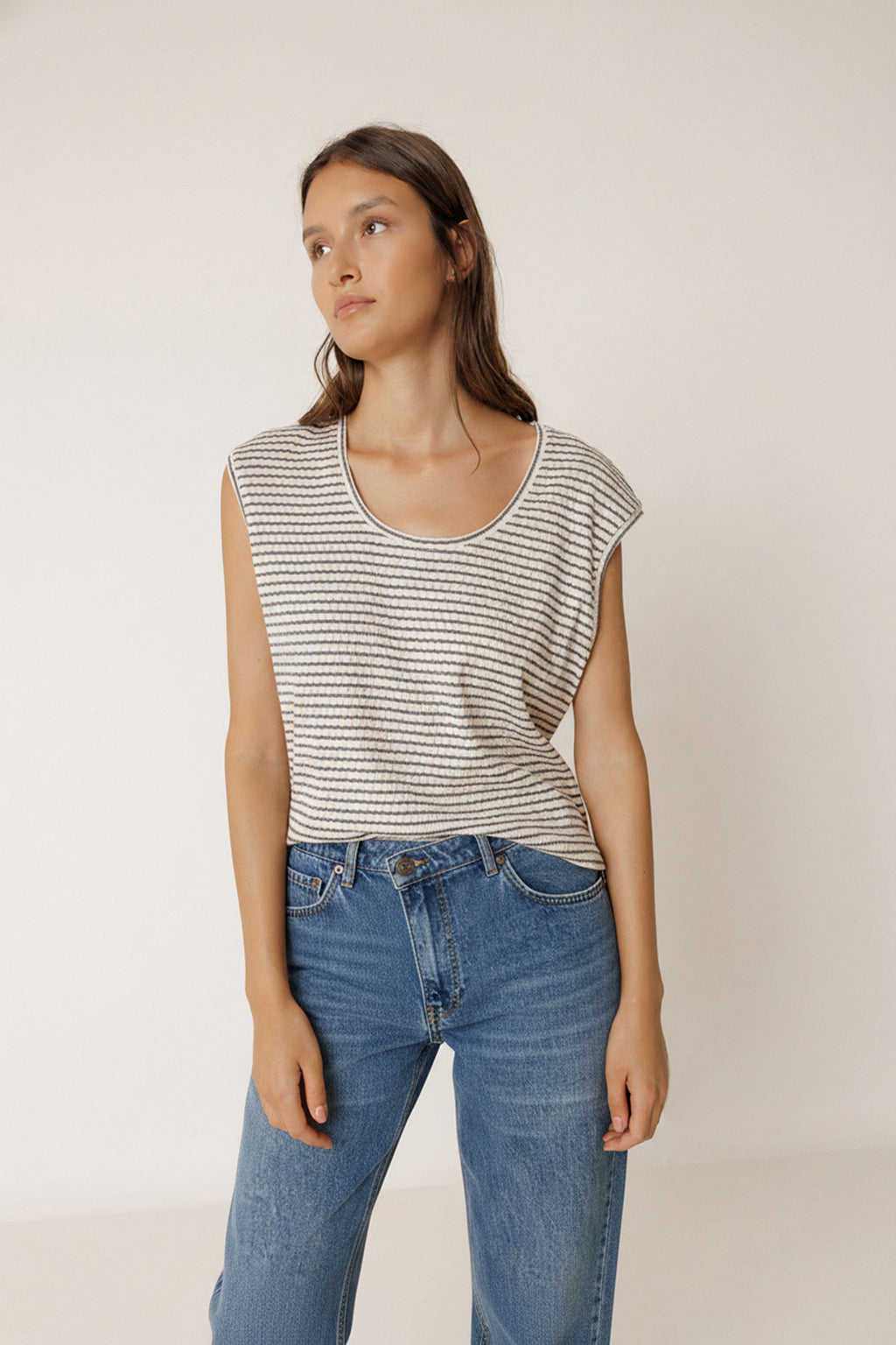 Striped Square-Cut T-Shirt - Charcoal