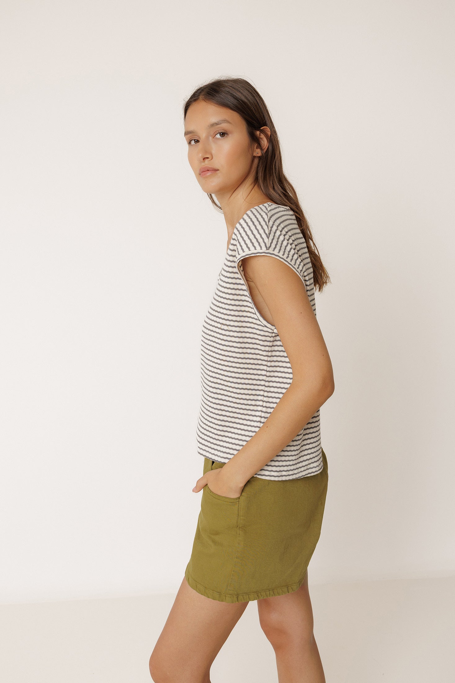 Striped Square-Cut T-Shirt - Charcoal