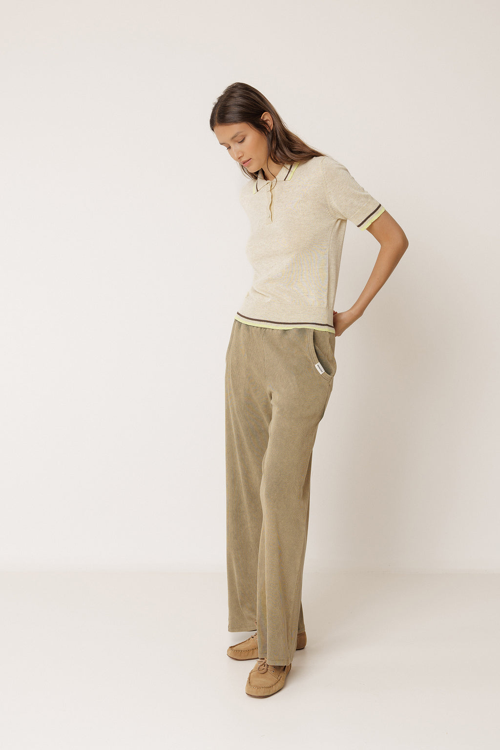 Knit Polo Shirt With Contrasting Stripes - Beige