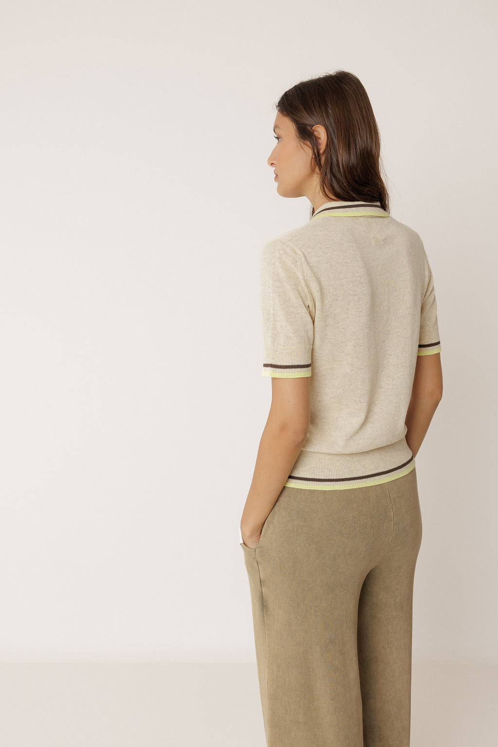 Knit Polo Shirt With Contrasting Stripes - Beige